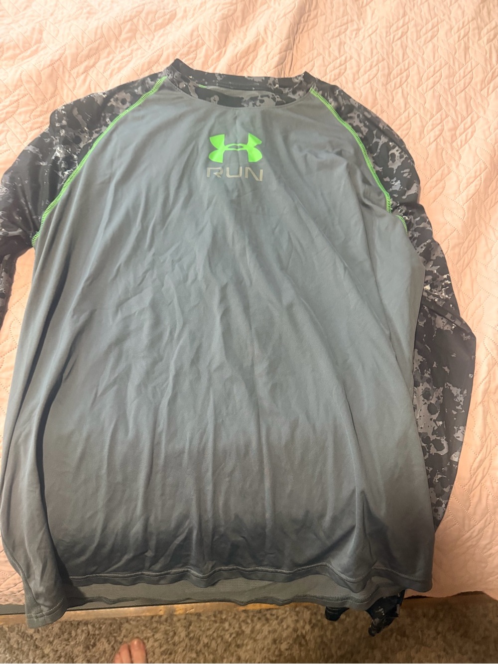 Under Armour Gray Long-Sleeve Run Shirt with Neon Green Logo and Camo Sleeves